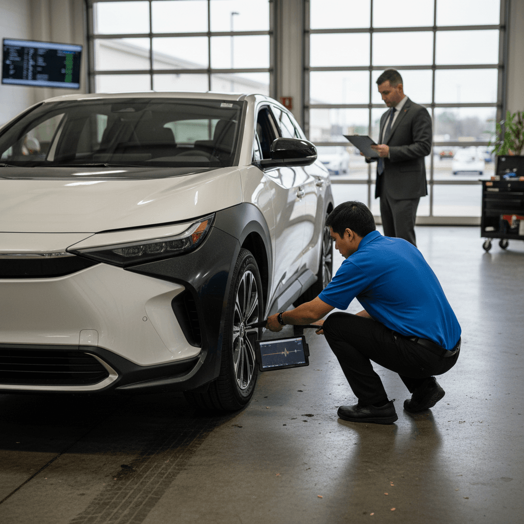 An appraiser inspecting a used Toyota bZ4X at a dealership service drive, focused on the tires and exterior condition