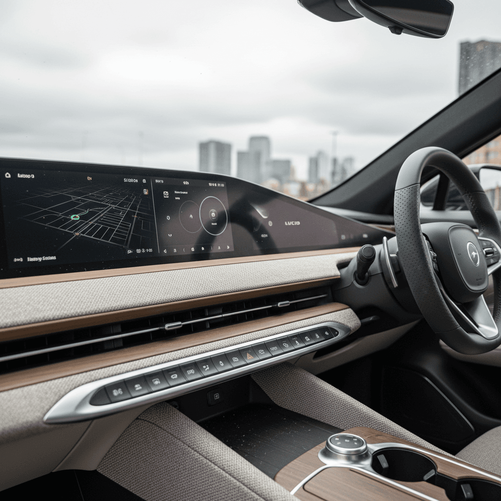 Lucid Air interior with twin screens, steering wheel and light-colored leather seats