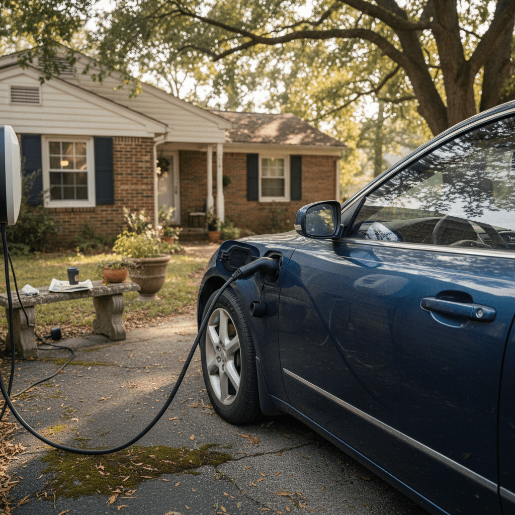 White electric sedan parked in a driveway while charging from a home charger