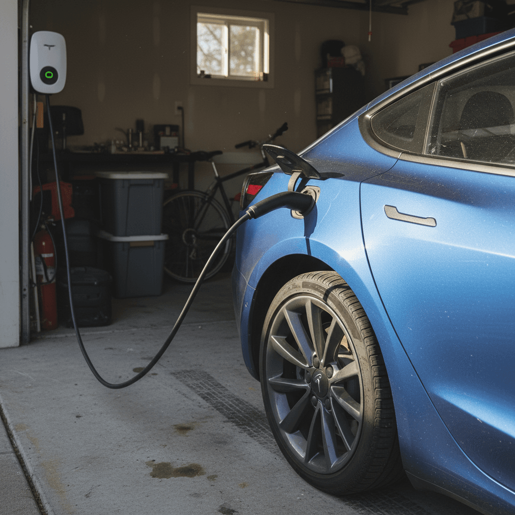 Compact used electric hatchback plugged into a home Level 2 charger in a garage before a morning commute