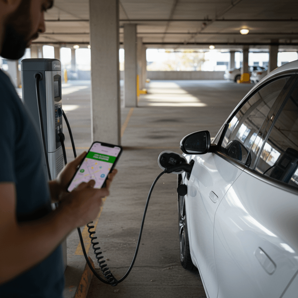 EV driver standing next to a car in a Jacksonville parking garage, checking an EV charging app while plugged into a Level 2 charger
