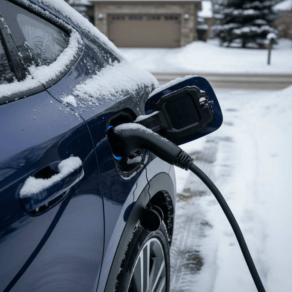 Electric SUV charging in a snowy suburban driveway, plugged into a home charger