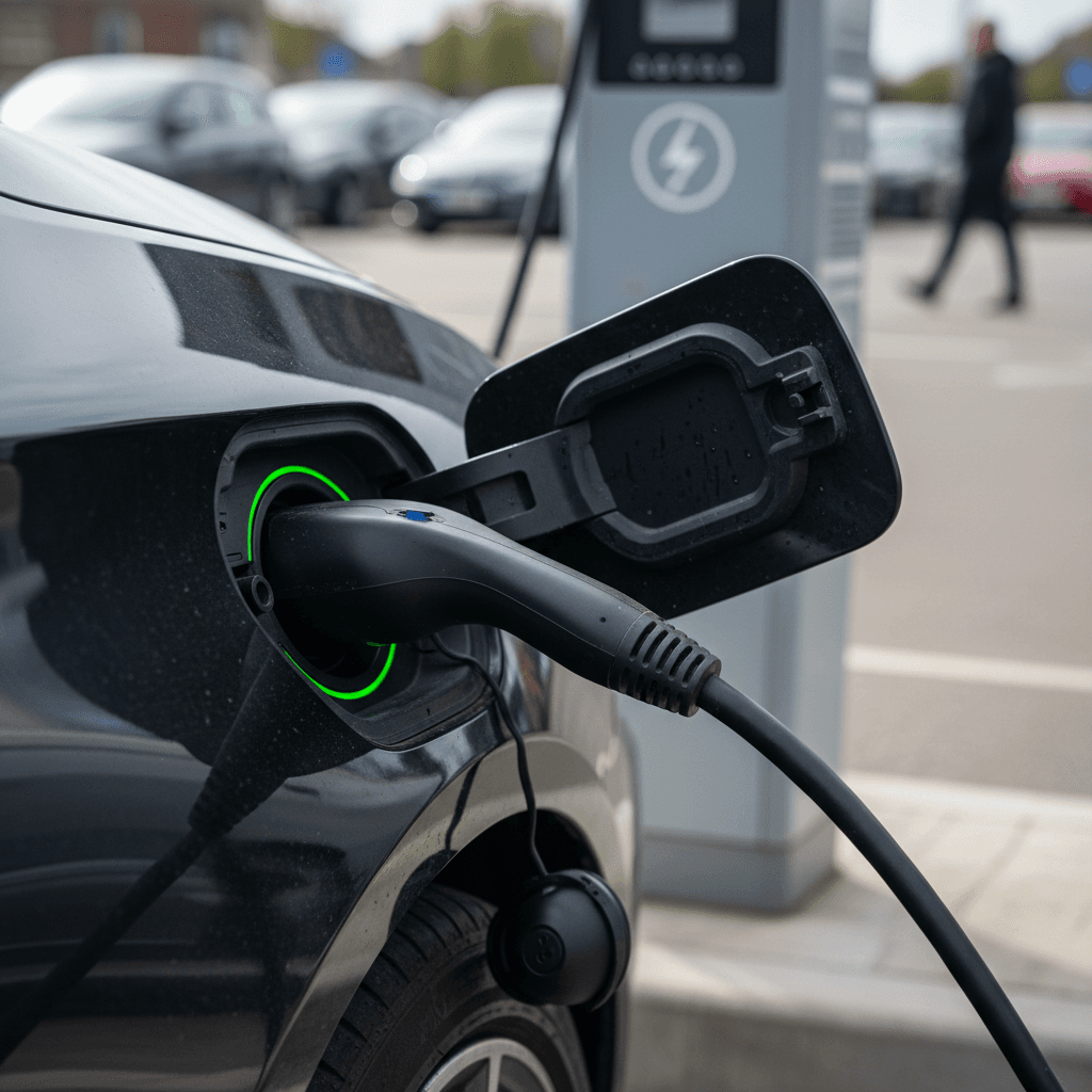 BMW i5 plugged in at a public charging station, showing close-up of the charging port and cable