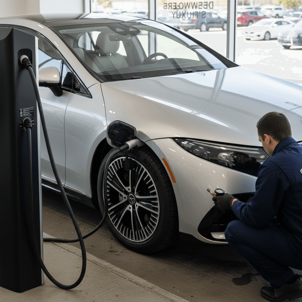 Technician inspecting a Mercedes EQS while it charges to evaluate battery health for trade in value