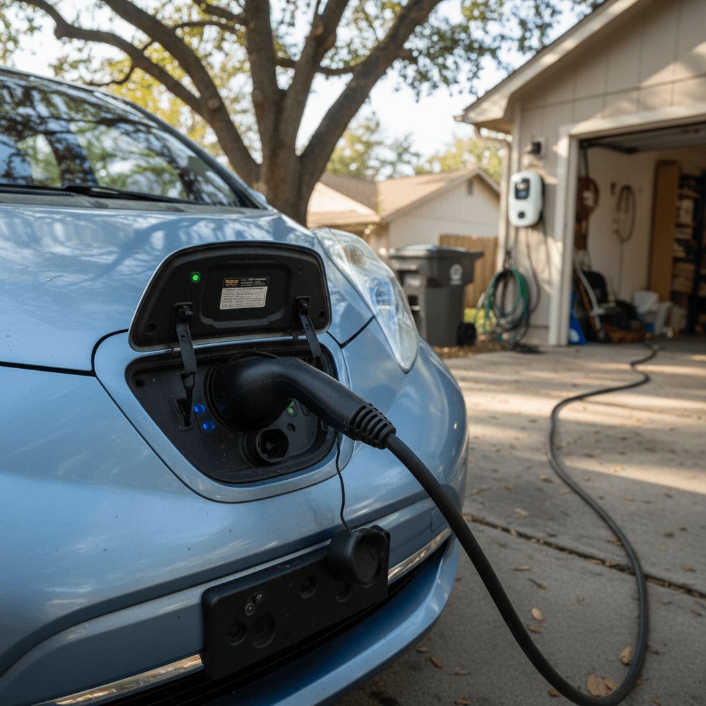 Older compact electric hatchback plugged into a home Level 2 charger in a suburban driveway