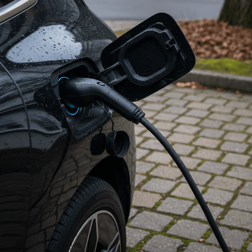 BMW iX plugged into a home Level 2 charger in a shaded driveway