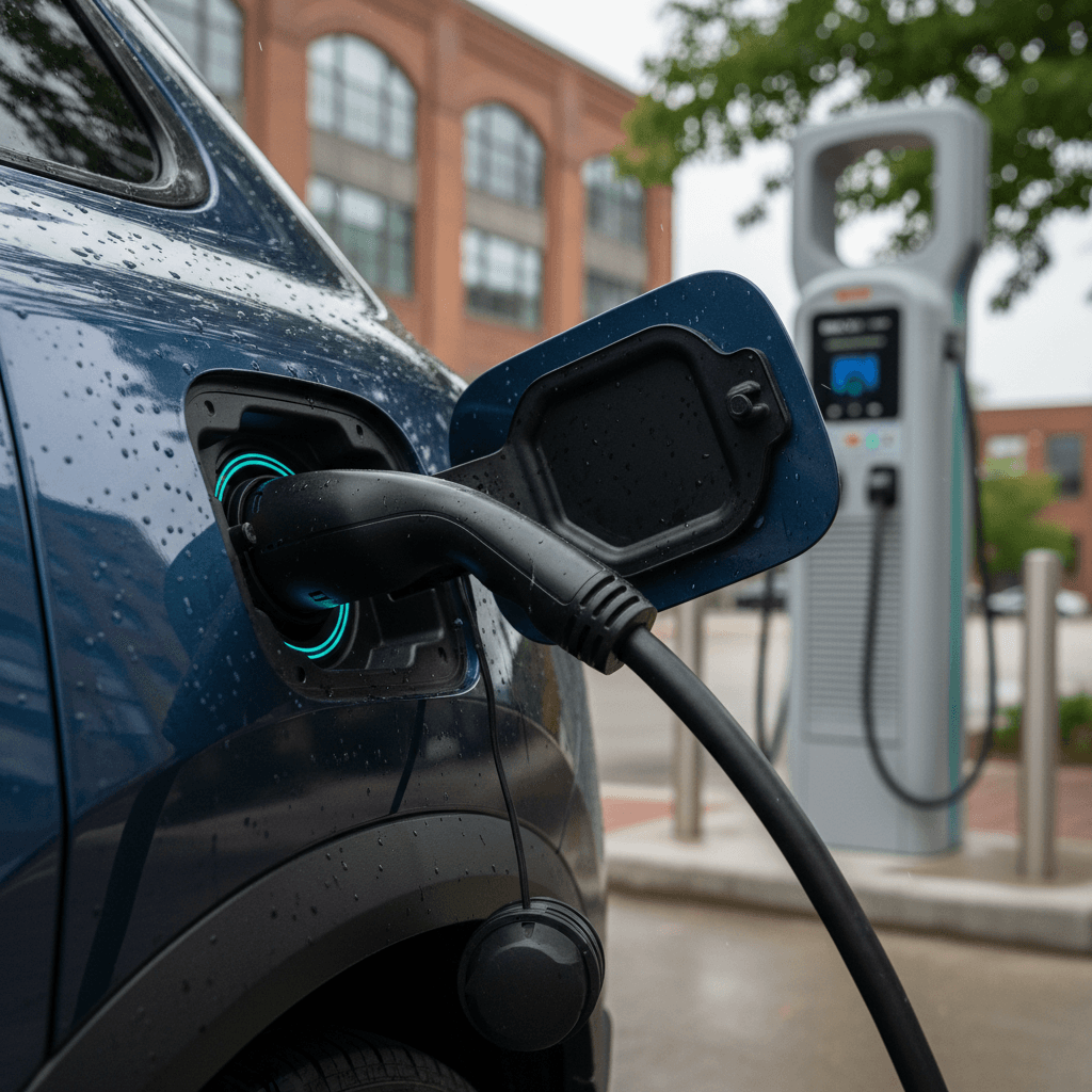 Close-up of a 2024 Honda Prologue plugged into a public charging station, focusing on the charge port and cable connection