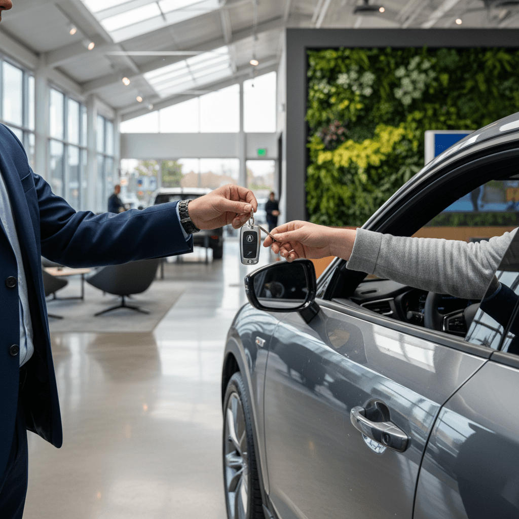Acura ZDX owner reviewing a battery health and pricing report with an EV specialist at a dealership desk