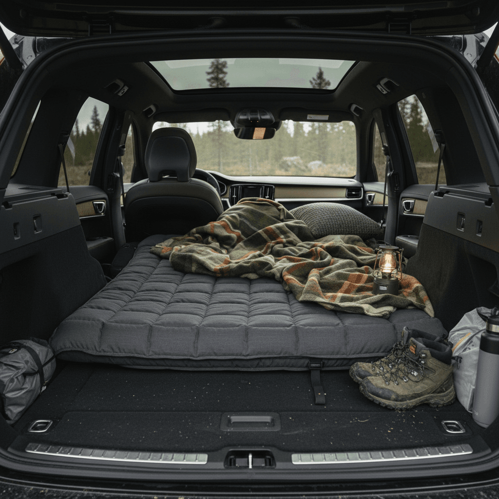 Rear area of a Volvo EX90 with both rear rows folded flat, showing a long cargo floor suitable for a camping mattress.
