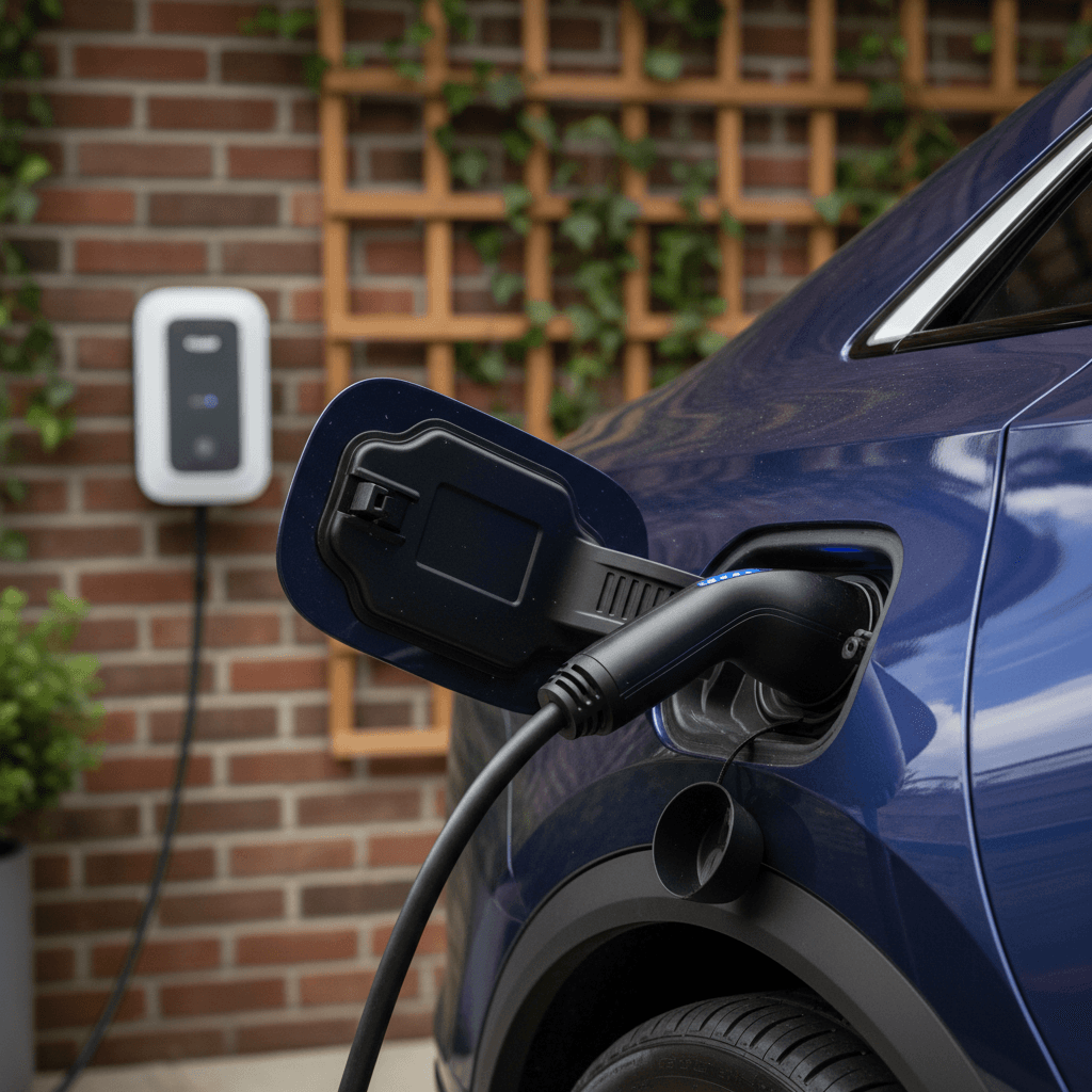 Cadillac Lyriq plugged into a home Level 2 charger showing charging status lights