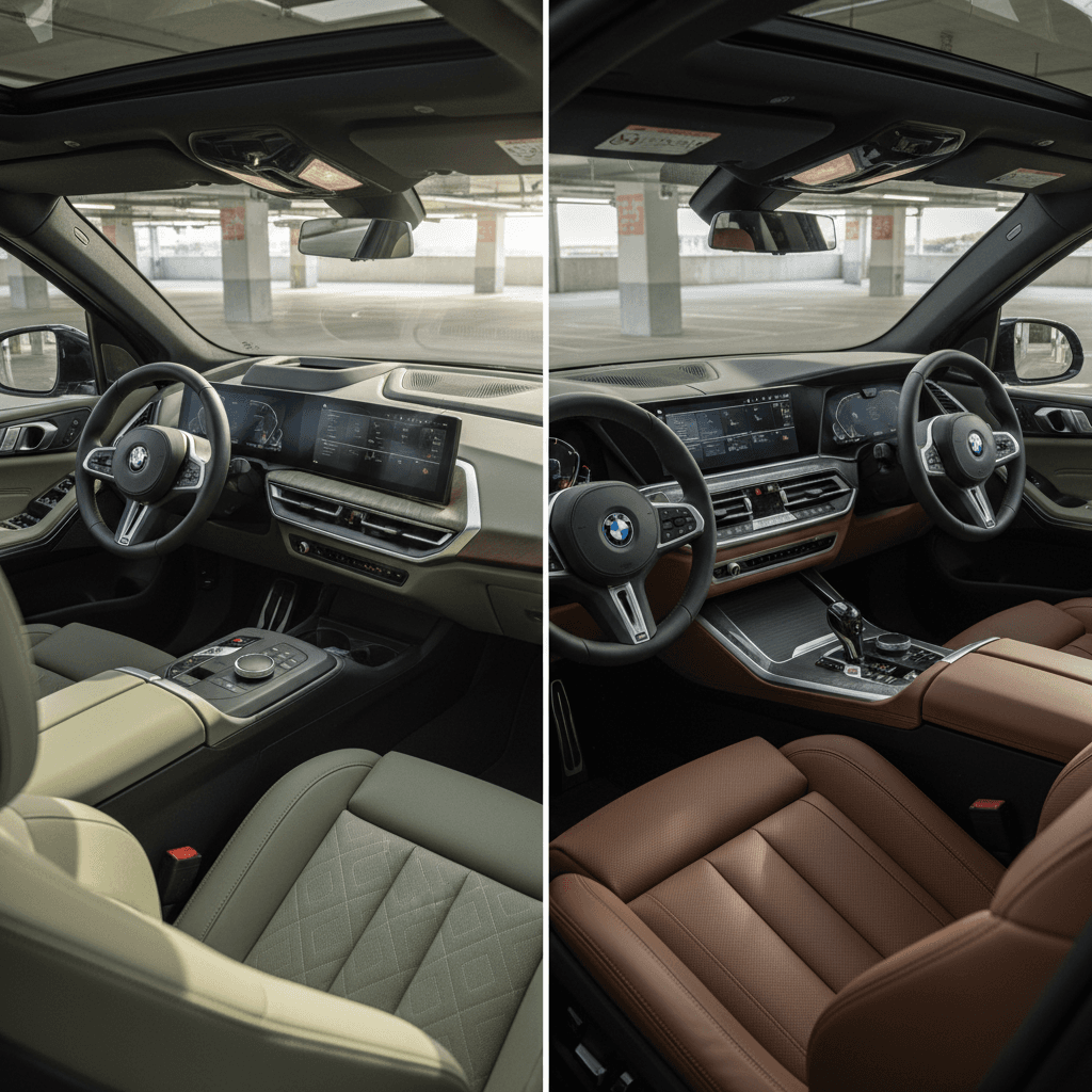 Side-by-side interior view of BMW iX and BMW X5 cabins highlighting seating and cargo space