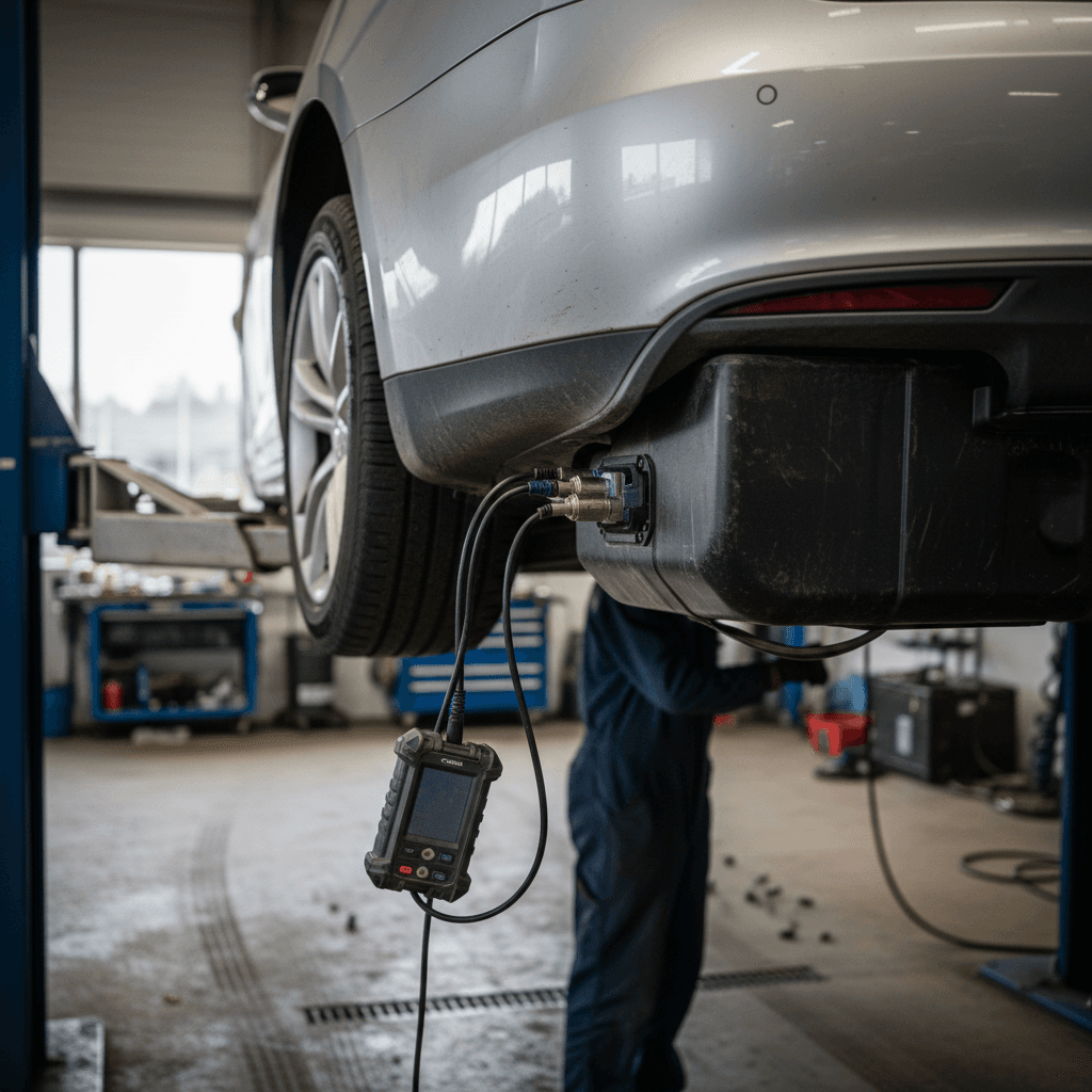 Technician using diagnostic equipment to scan battery health on a used electric car in a service bay