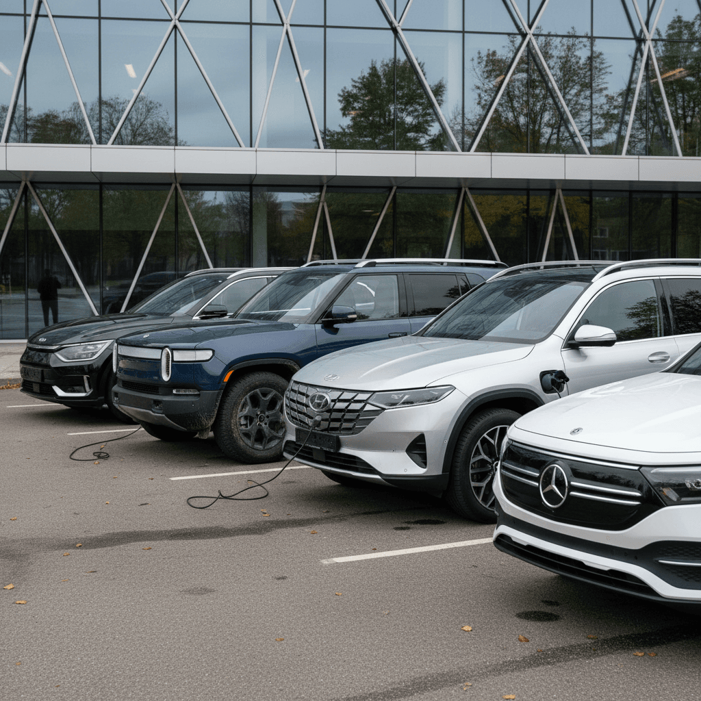 Lineup of several large three-row electric SUVs parked side by side, showcasing different sizes and designs