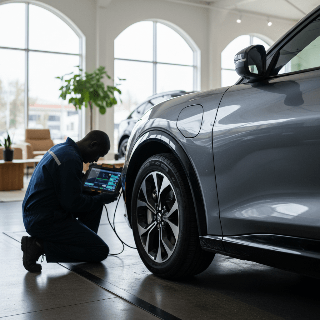 Technician using a diagnostic tablet to check battery health on a 2023 Ford Mustang Mach-E before sale