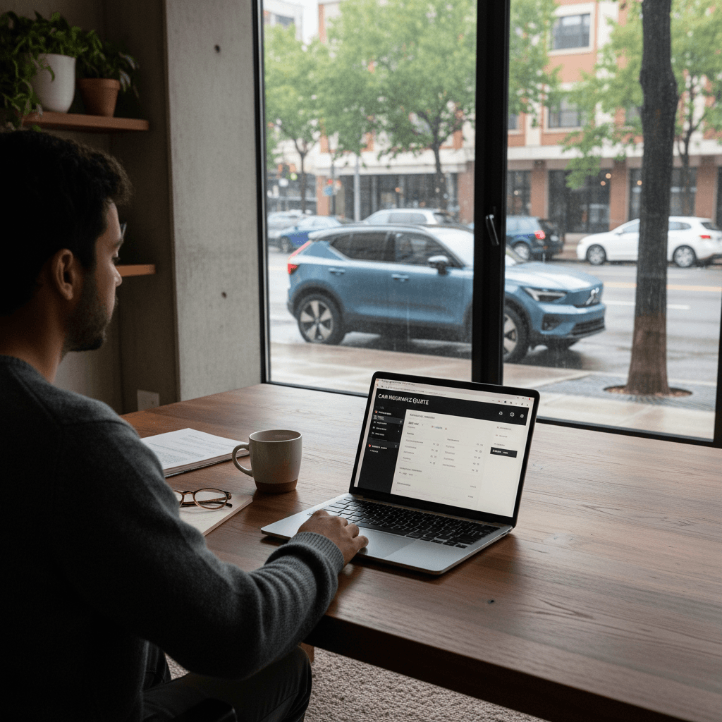 Driver comparing insurance quotes on a laptop while a Volvo EX30 is parked outside an apartment window, representing shopping for EX30 coverage.