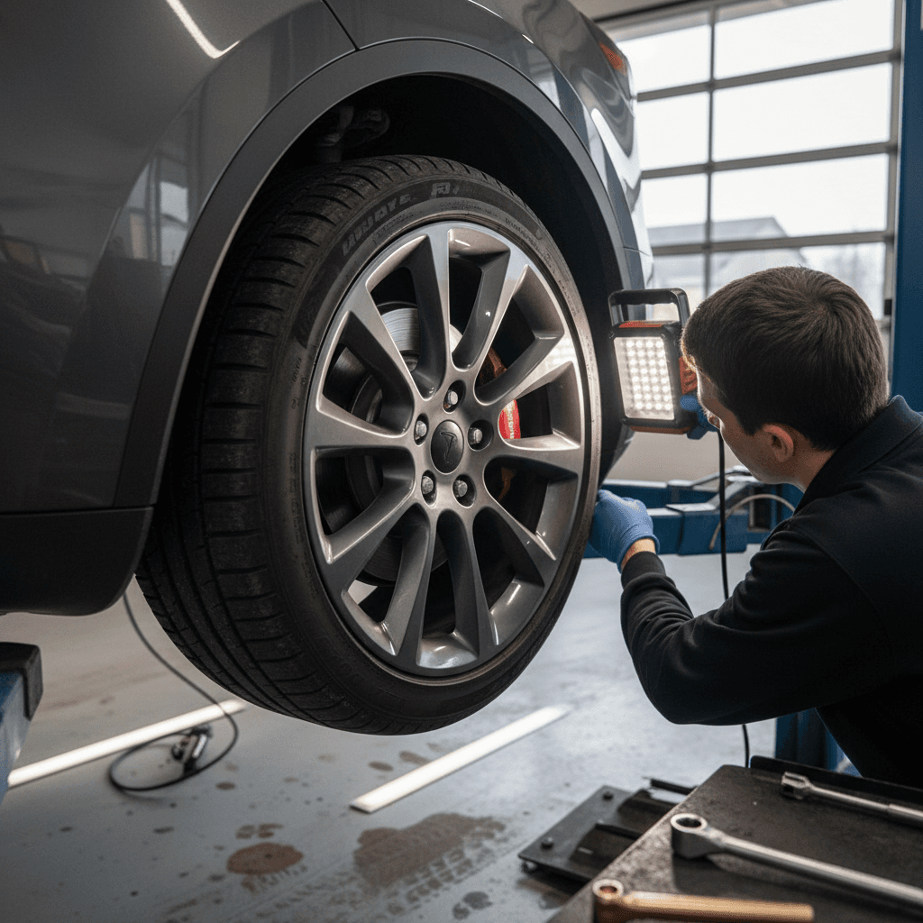 Technician inspecting the suspension and brake components of a Tesla Model Y on a lift