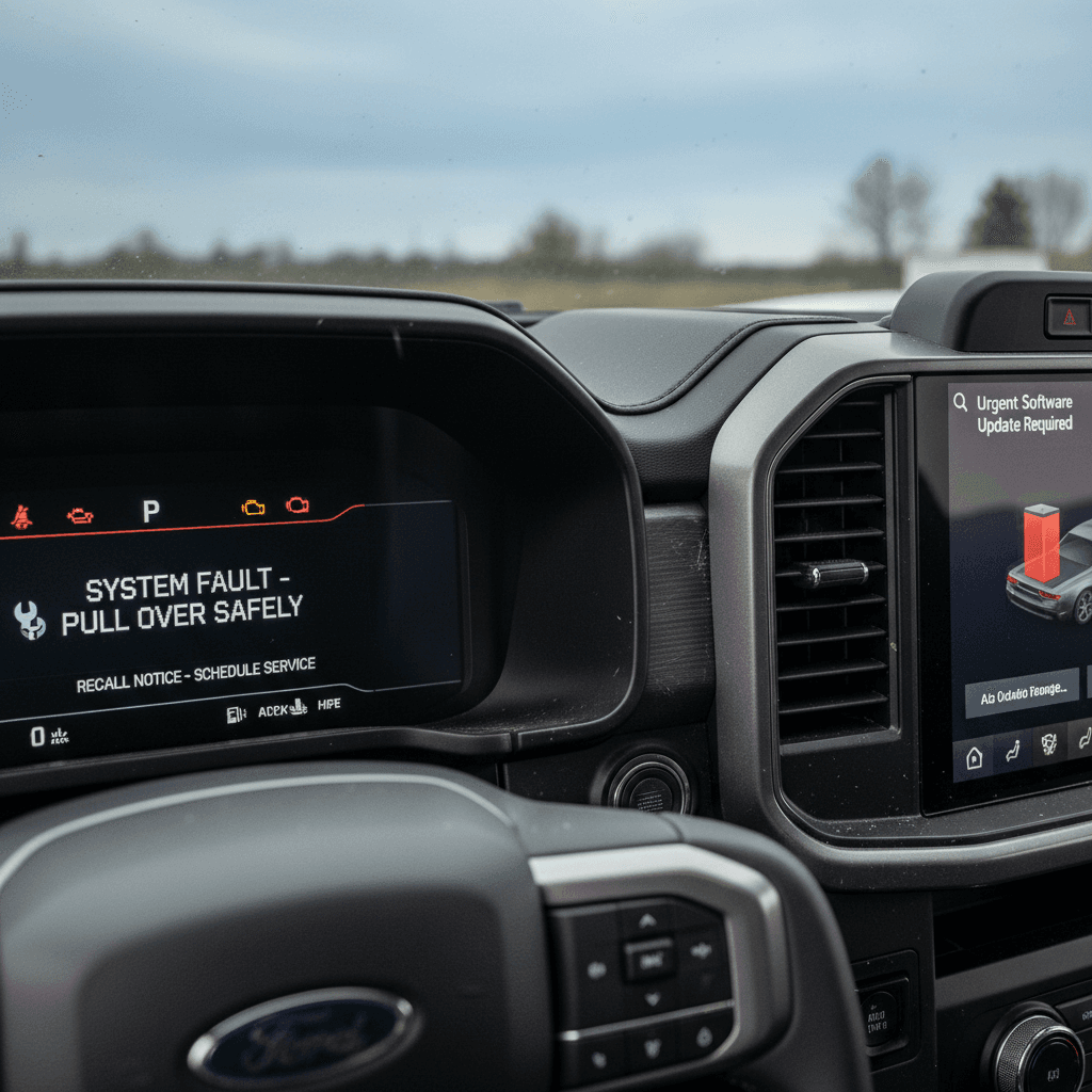 Instrument cluster of a Ford F-150 Lightning showing high-voltage battery warning messages and a recall indicator on the center touchscreen.