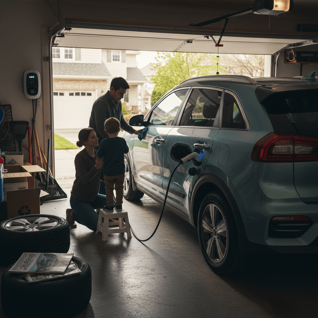 Family charging an affordable electric SUV at home in a suburban driveway