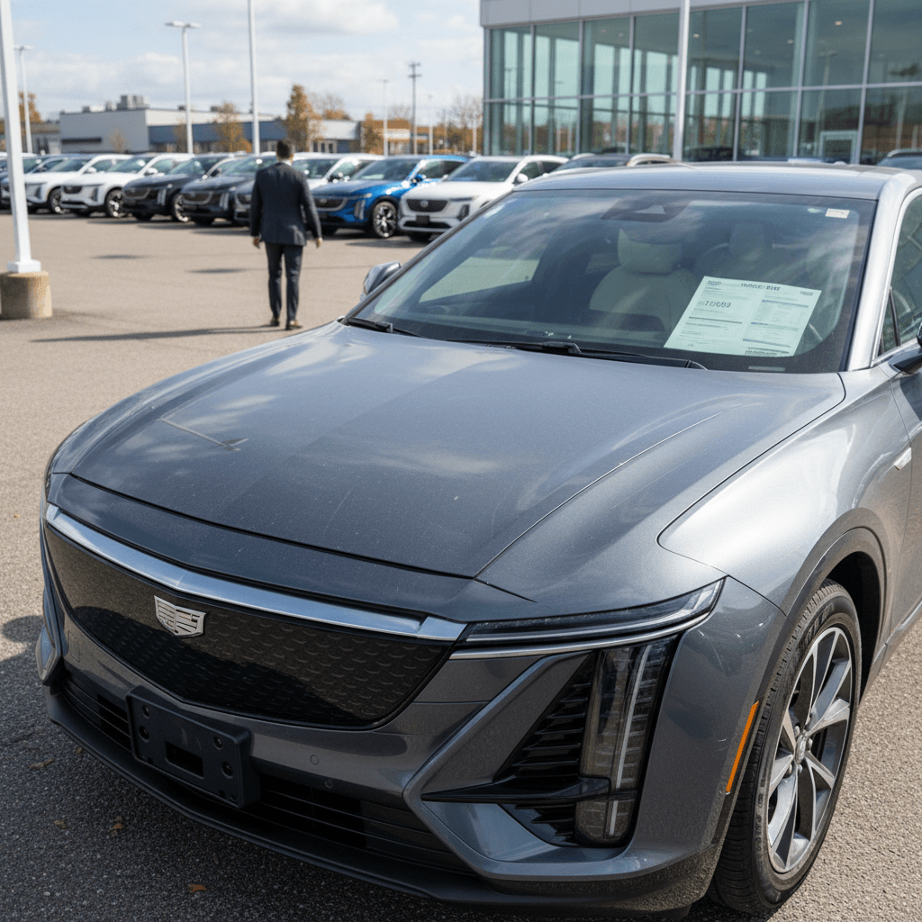 Used 2024 Cadillac Lyriq lined up on a dealer lot with price stickers in the windows