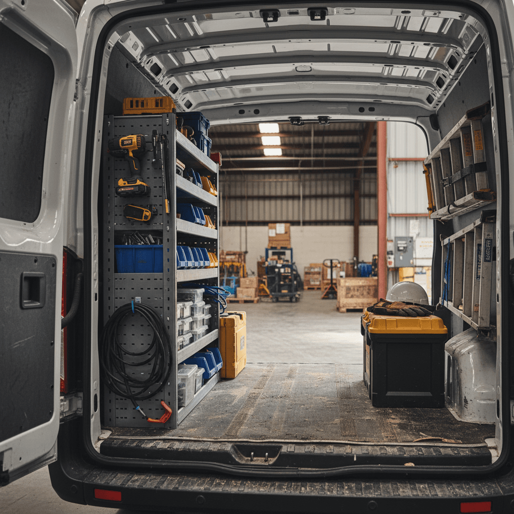 Ford E-Transit cargo area fitted with shelving and tools, showing practical use for trades businesses