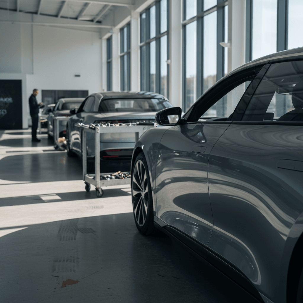 Several used Lucid Air sedans being inspected and scanned in a bright EV-focused showroom