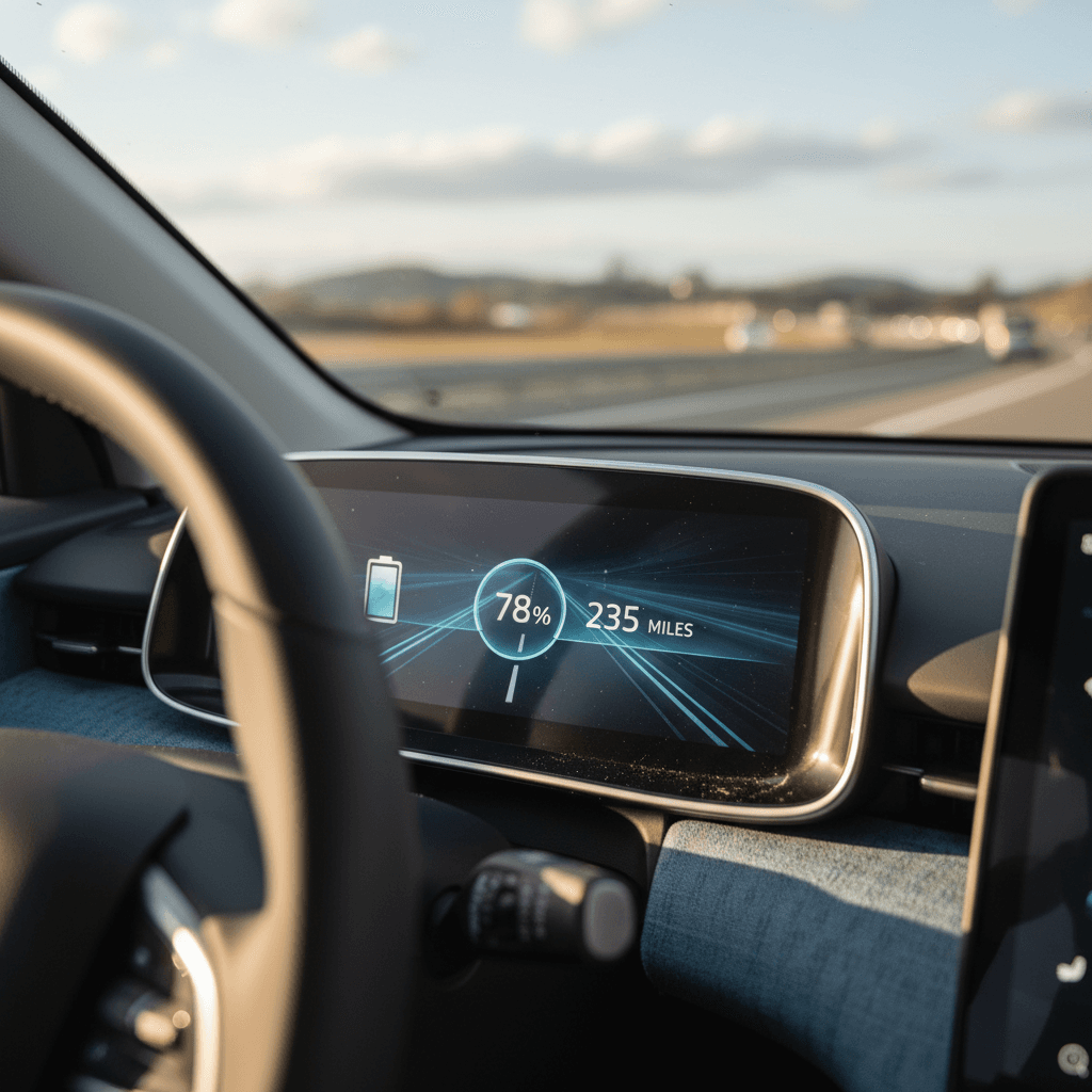 Fisker Ocean digital display showing remaining range and state of charge while cruising on the highway