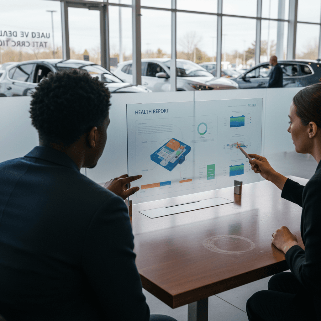 Customer reviewing a used EV battery health and pricing report with an advisor in a modern showroom