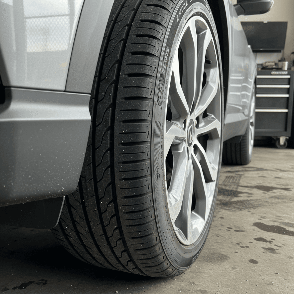 Close-up of a Honda Prologue alloy wheel and low-profile tire, showing tread pattern and sidewall size markings.