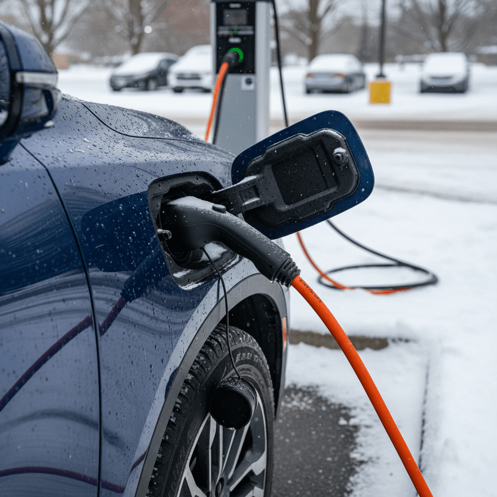 Chevrolet Blazer EV plugged into a public charger in a snowy parking lot, illustrating real-world winter range use