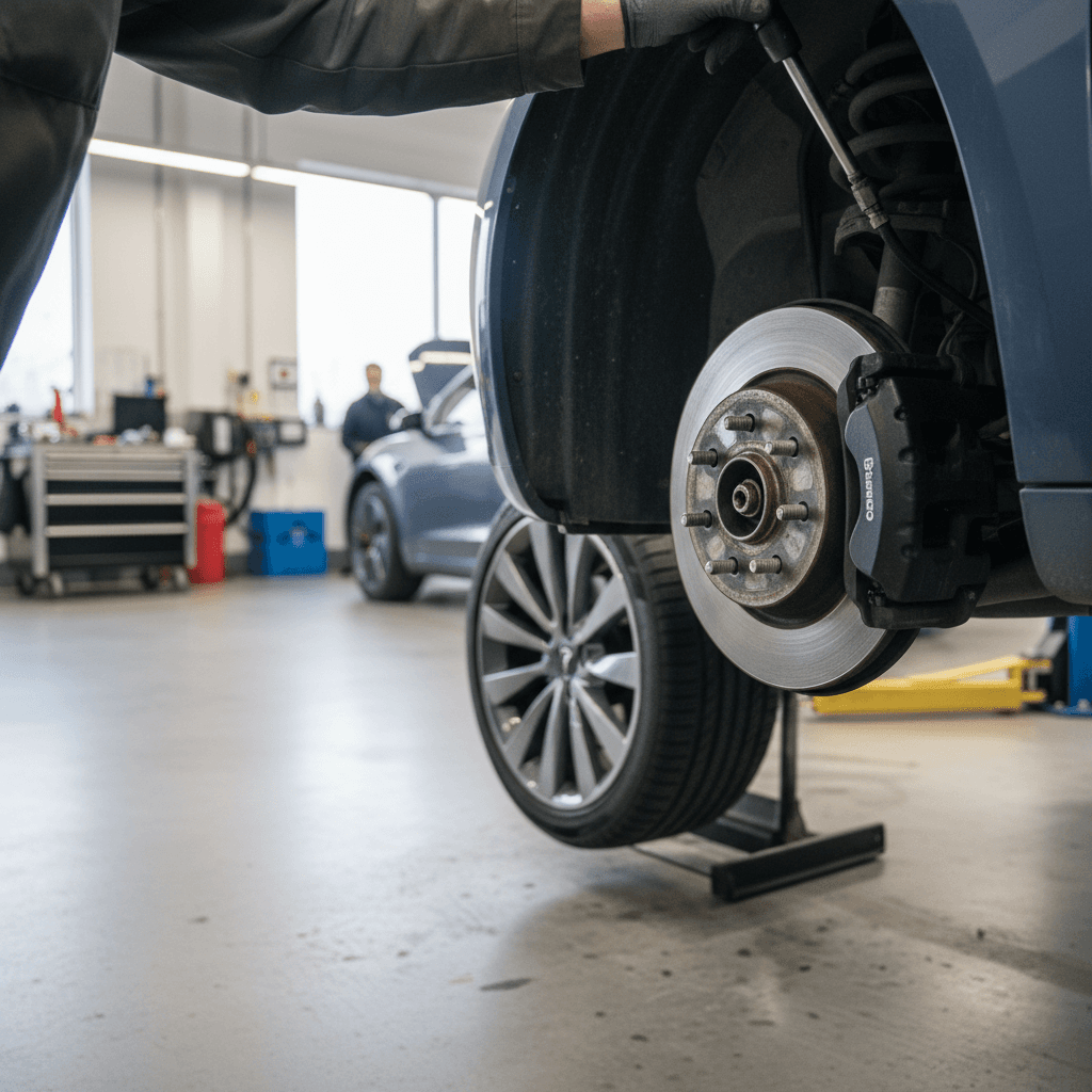Technician inspecting a Tesla Model 3’s tires and brakes on a lift in a clean service bay
