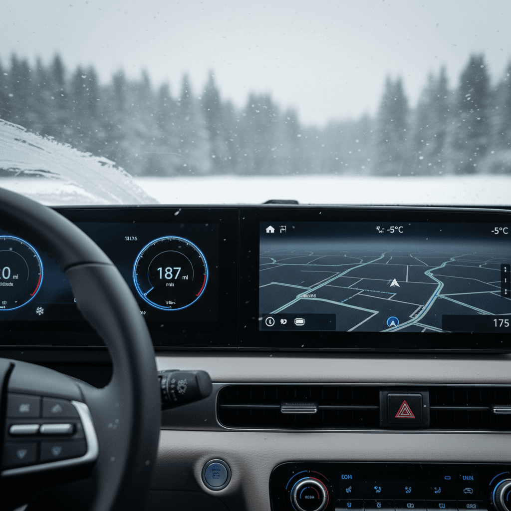 Hyundai Ioniq 5 dashboard showing reduced estimated range on a cold winter day with snow outside
