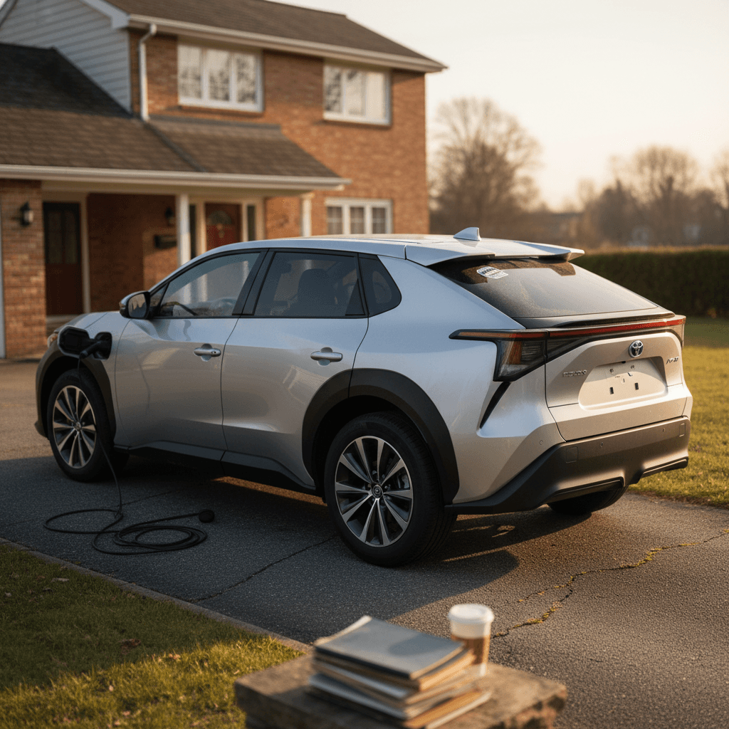 Used Toyota bZ4X electric SUV parked in a residential driveway at sunset, highlighting its appeal as a discounted used EV in 2026