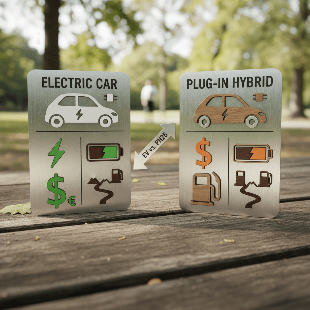 Icons showing battery, gas pump, dollar sign, and road as a visual summary of differences between electric cars and plug-in hybrids