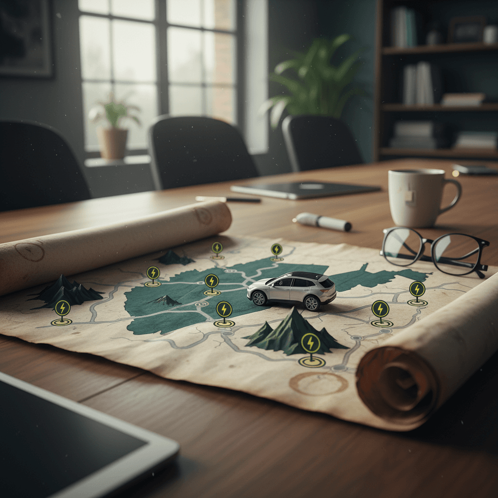 Simplified map of West Virginia showing major interstates and clusters of public EV charging stations across the mountainous terrain