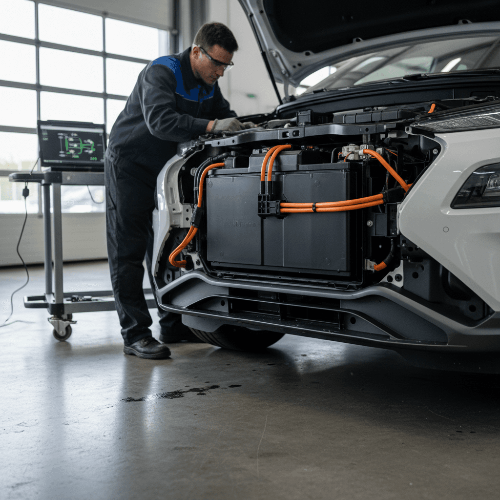 Hyundai Kona Electric on a lift with technician inspecting its battery pack and orange high‑voltage cabling
