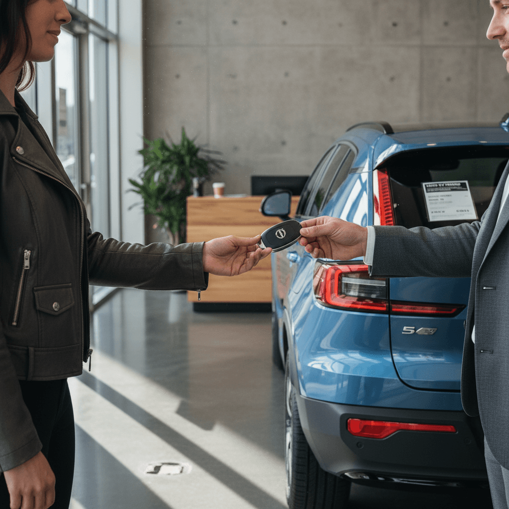 Seller handing Volvo C40 Recharge keys to a new owner at a modern EV-focused dealership