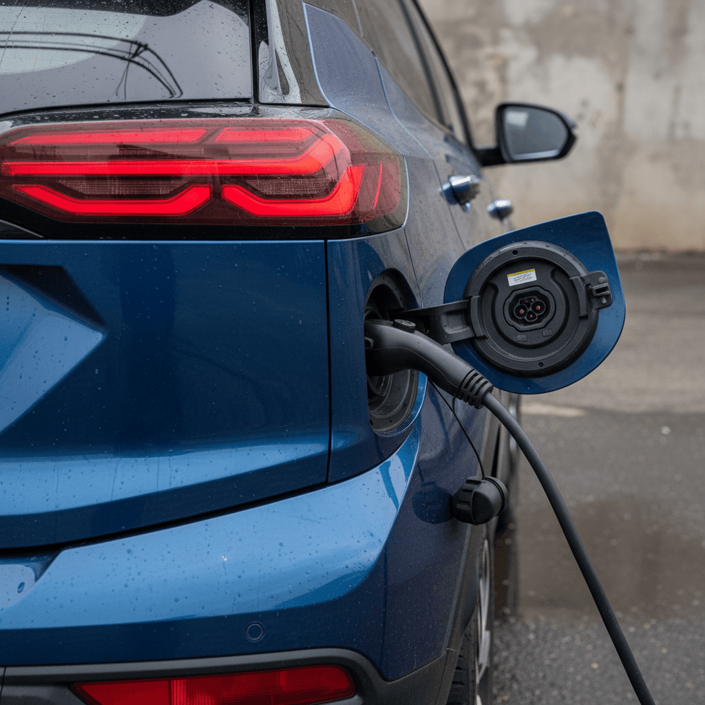 Chevy Bolt EUV charging port and rear bodywork close up during Level 2 charging session