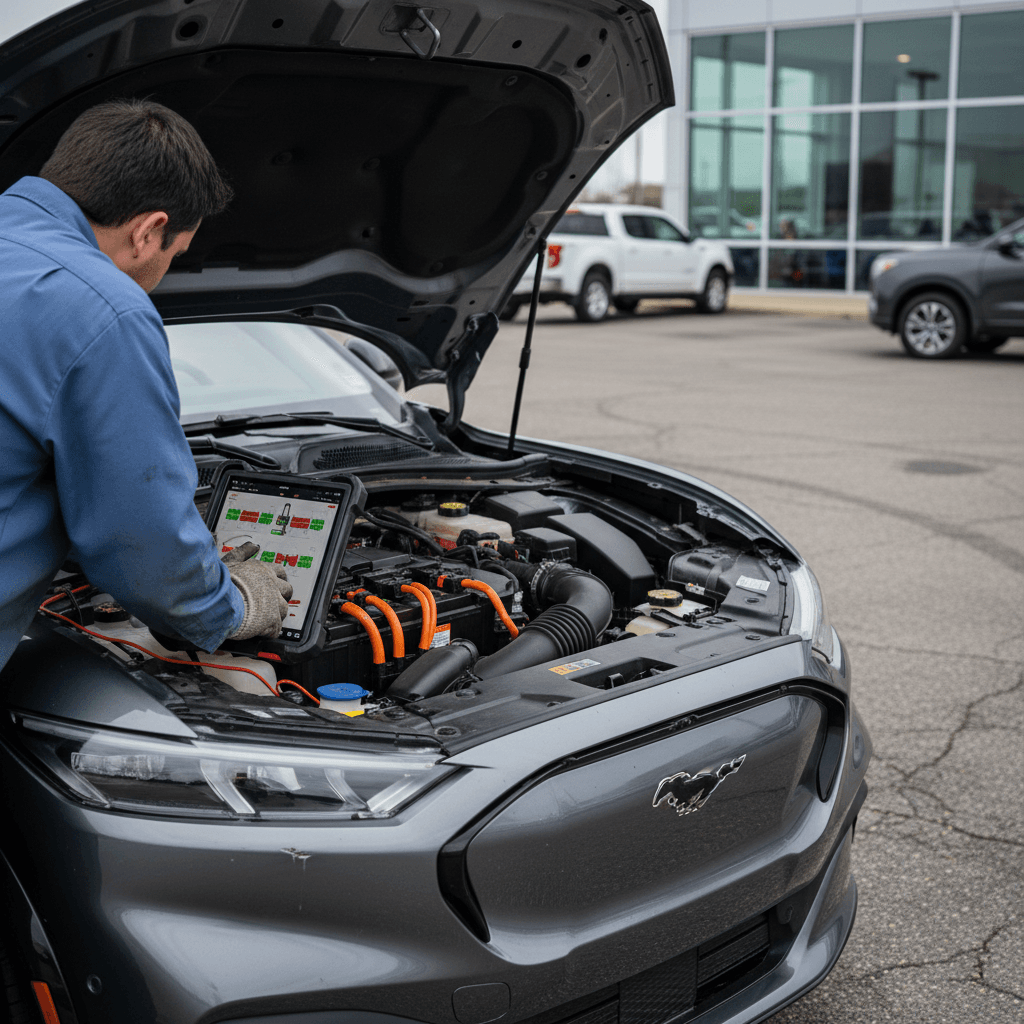 Technician inspecting the battery system of a used Ford Mustang Mach-E with a diagnostic tablet at a dealership