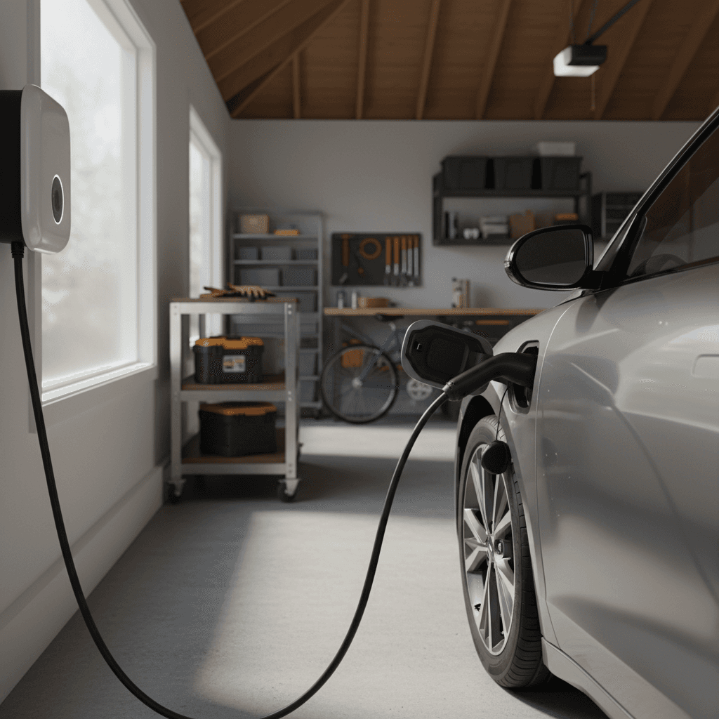 Wall-mounted Level 2 home EV charger plugged into a sedan in a modern residential garage