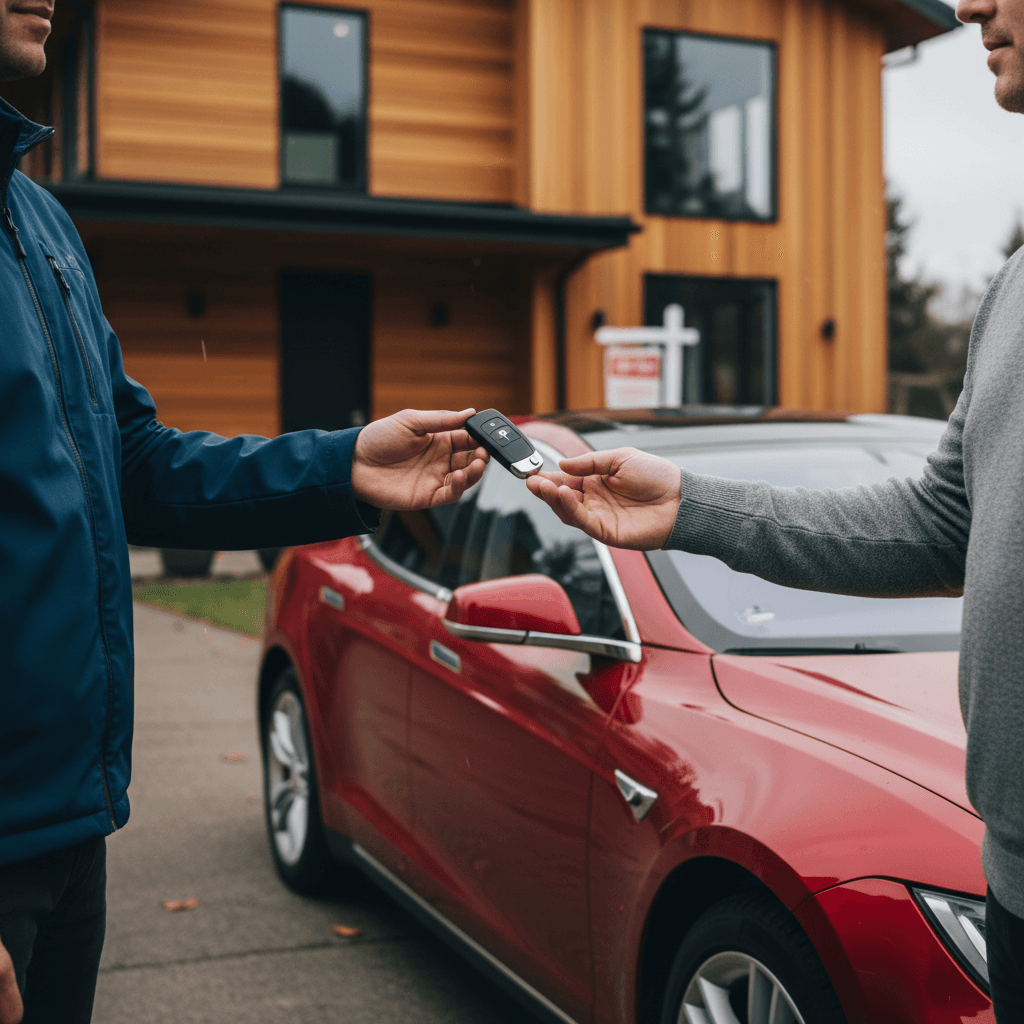 Happy buyer and seller exchanging keys for a used Tesla Model S in a residential driveway