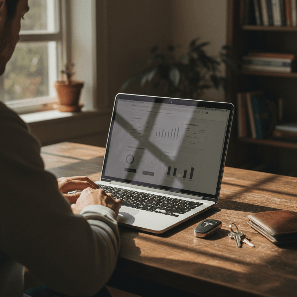 Driver reviewing Tesla Model 3 insurance quote on laptop alongside car keys and documents