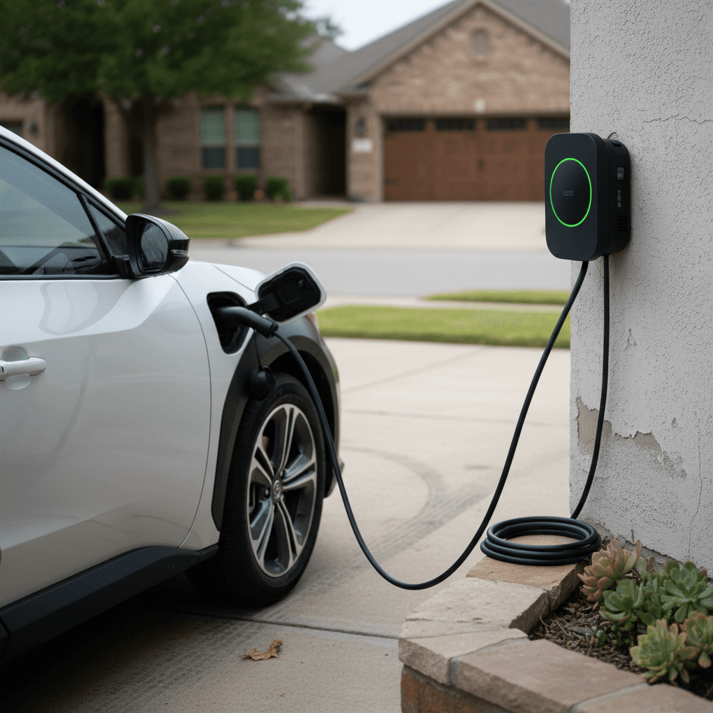 Toyota bZ4X parked in a driveway connected to a wall-mounted Level 2 home charger