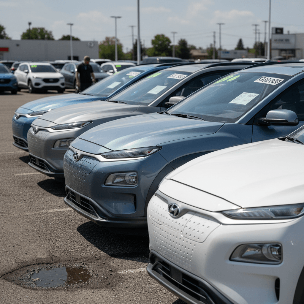 Lineup of used Hyundai Kona Electric SUVs parked in a lot, each with a visible price sticker, illustrating different depreciation points.