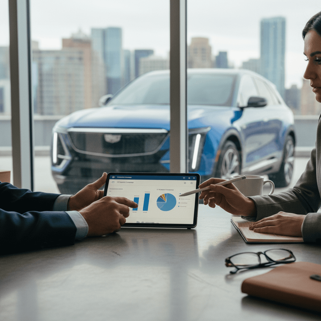 Driver and insurance agent reviewing Cadillac Lyriq insurance options on a tablet