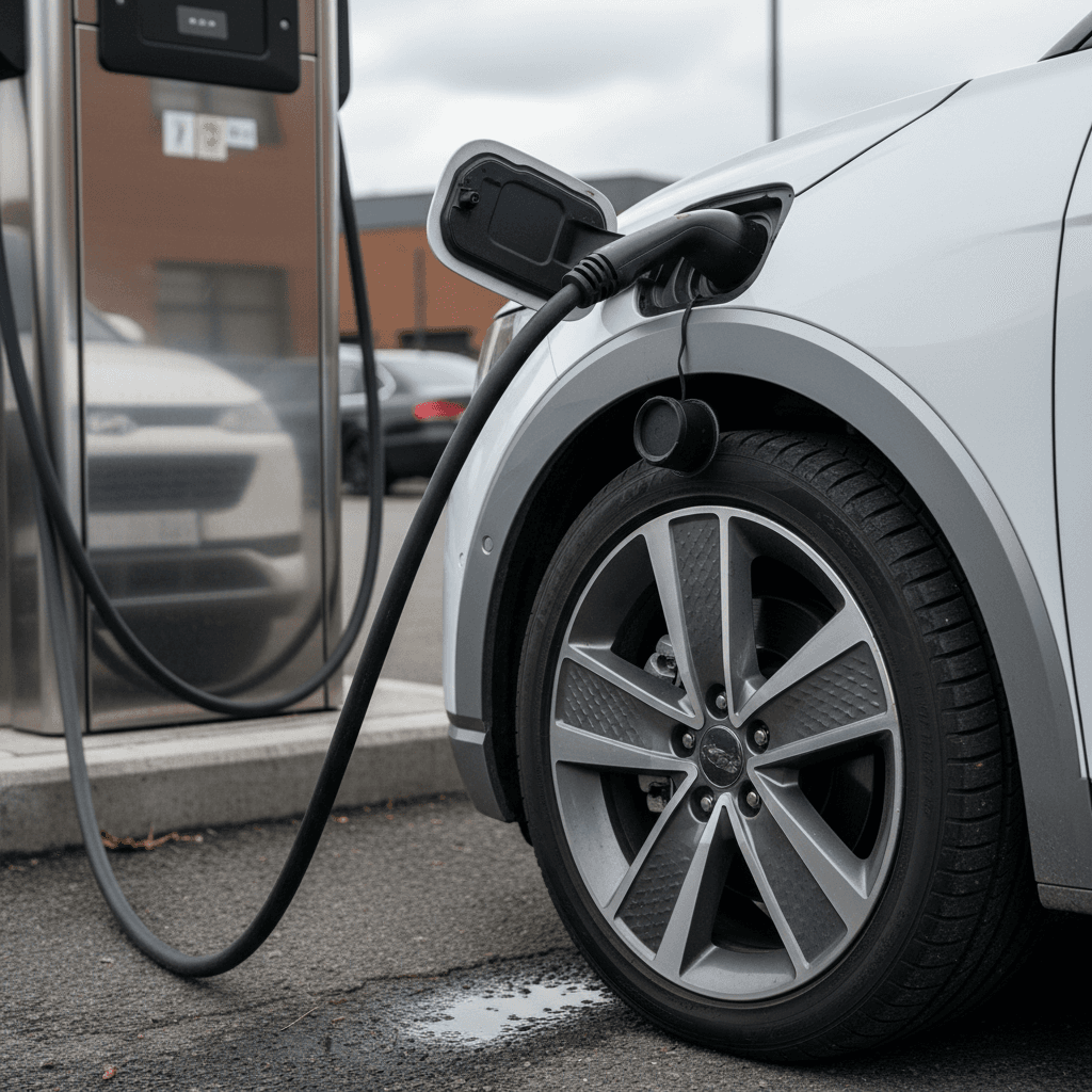 Hyundai Ioniq 5 plugged into a DC fast charger showing charging status on the dash