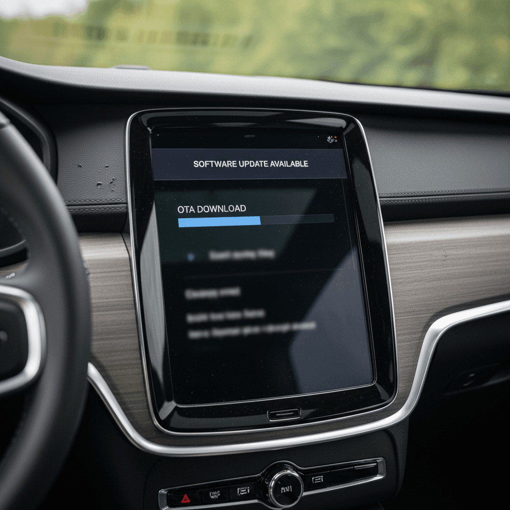 Volvo EX90 interior center screen showing an over-the-air software update in progress