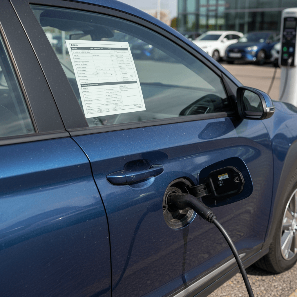 Used 2022 Hyundai Kona Electric lined up on a dealer lot showing charging port and pricing labels