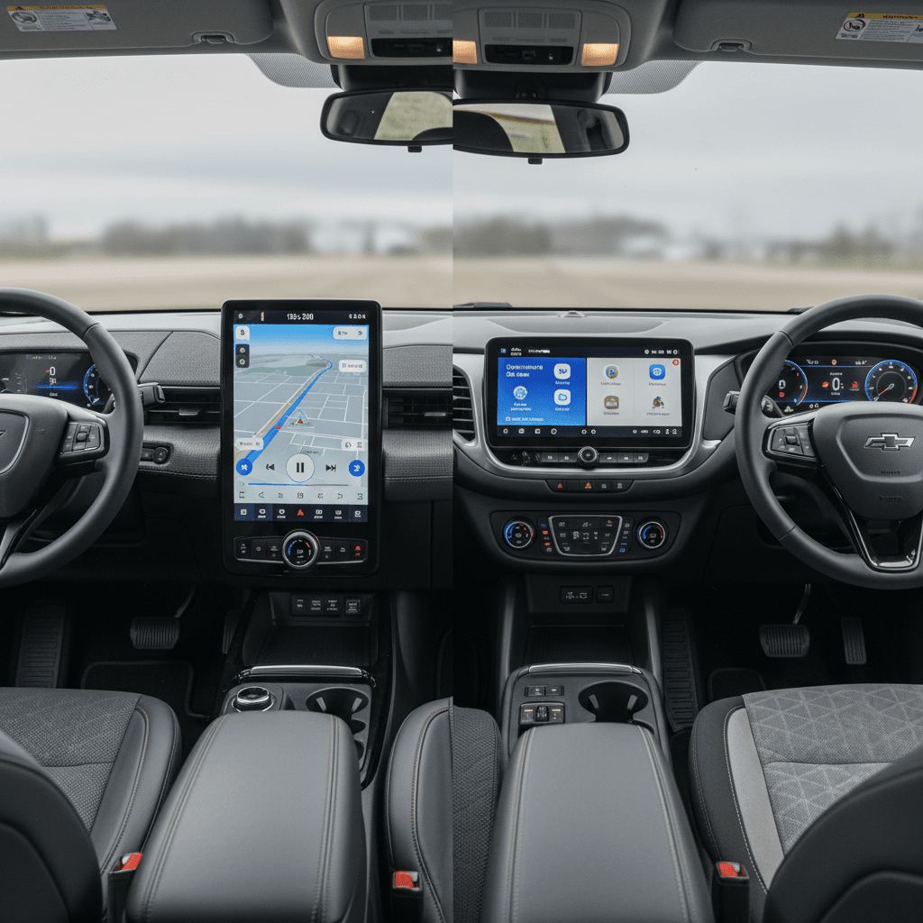 Side-by-side view of the Ford Mustang Mach-E and Chevrolet Equinox EV interiors showing front seats and large center screens