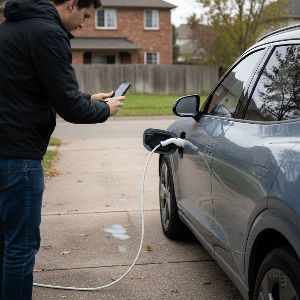 Driver taking photos of a Genesis GV60 parked in a driveway, documenting condition before listing the EV for sale
