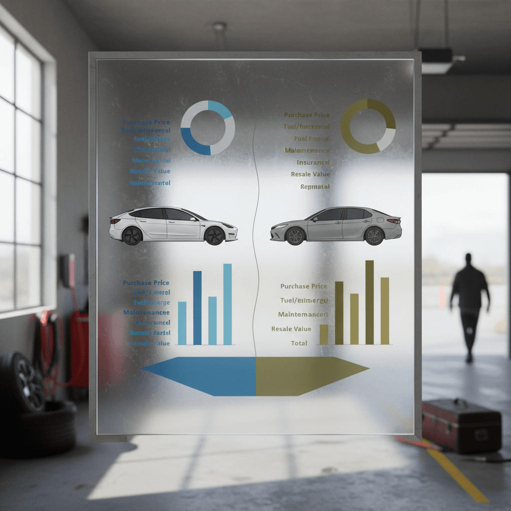 Side-by-side cost comparison graphic illustrating Tesla Model 3 and Toyota Camry ownership costs over five years